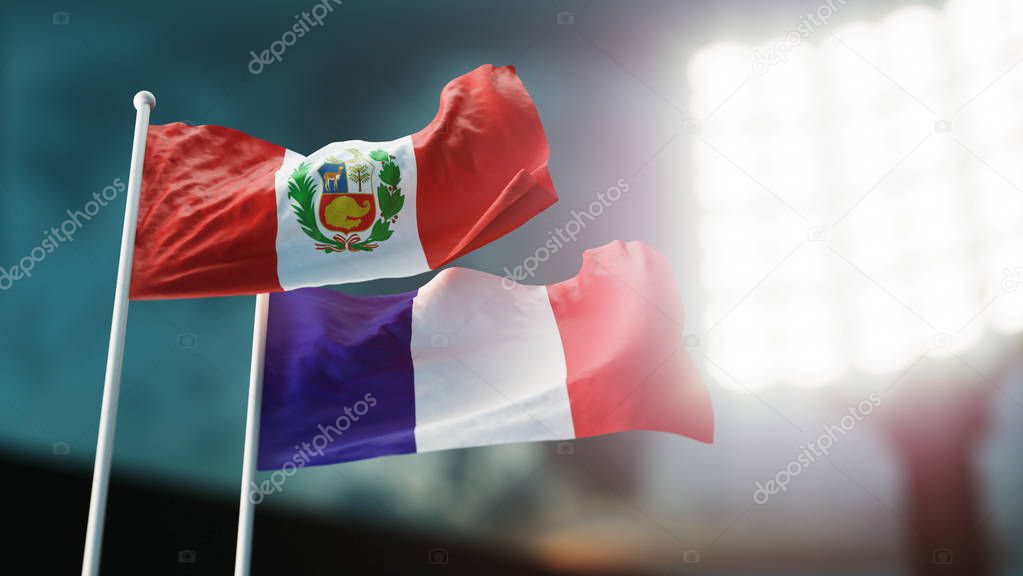 3D Illustration. Two flags waving on wind. Night stadium. Championship 2018. Soccer. Peru versus France