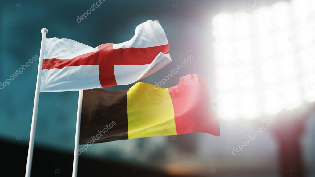3D Illustration. Two flags waving on wind. Night stadium. Championship 2018. Soccer. England versus Belgium