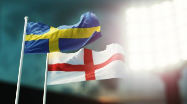 3D çizim. İki ülke bayrakları rüzgarda sallayarak. Gece Stadyumu. Şampiyonluk 2018. Futbol. İngiltere'ye karşı İsveç