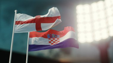 3D çizim. İki bayrak rüzgar sallıyor. Gece Stadyumu. Şampiyonluk 2018. Futbol. İngiltere'de Hırvatistan karşı
