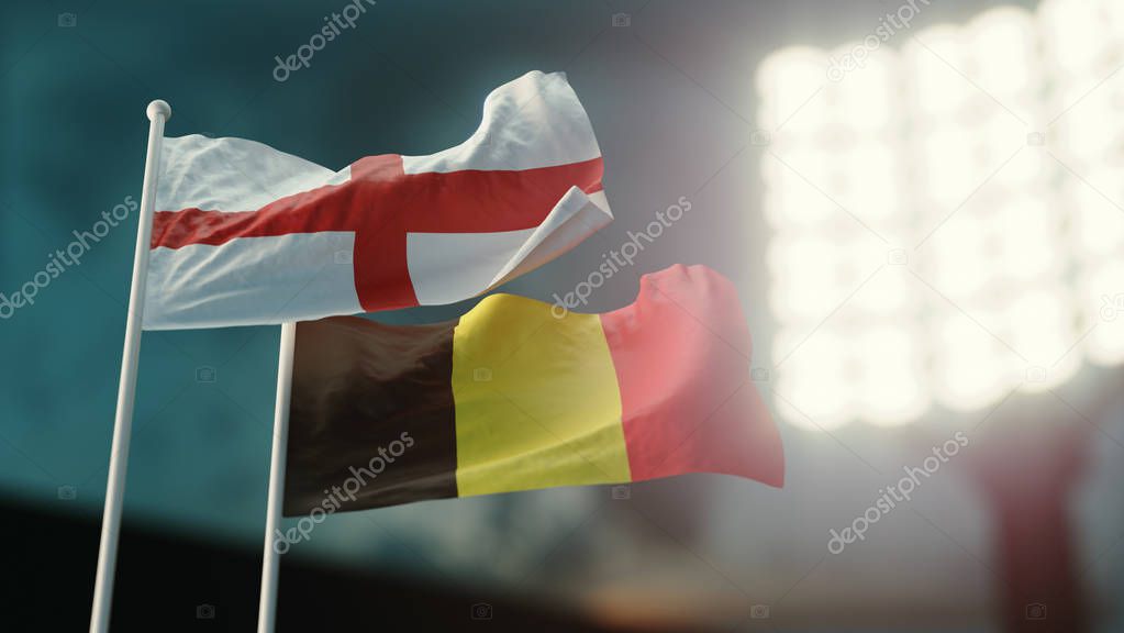 3D Illustration. Two flags waving on wind. Night stadium. Championship 2018. Soccer. England versus Belgium