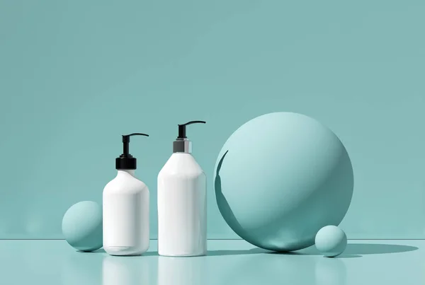 Doğal kozmetik krem, serum, cilt içi boş şişe ambalajı tasarımı. Biyolojik organik ürün. Güzellik ve kaplıca konsepti. Soyut mor arkaplan. 3d illüstrasyon