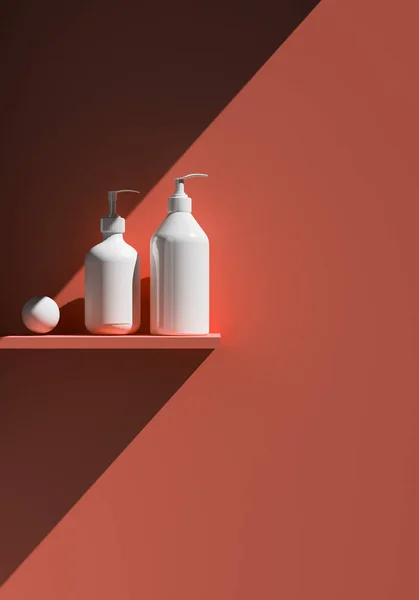 Cosmetic brand template. Raster packaging. Oil, lotion, shampoo. Bottle mock up set. On the shelf. 3D illustration — Stock Photo, Image