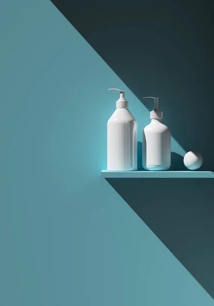 Plantilla de marca cosmética. Embalaje rasterizado. Aceite, loción, champú. Botella maqueta de conjunto. En el estante. Ilustración 3D —  Fotos de Stock