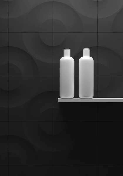 Cosmetische merk sjabloon. Raster verpakking. Olie, lotion, shampoo. Fles mock up set. Op de plank. 3D illustratie — Stockfoto