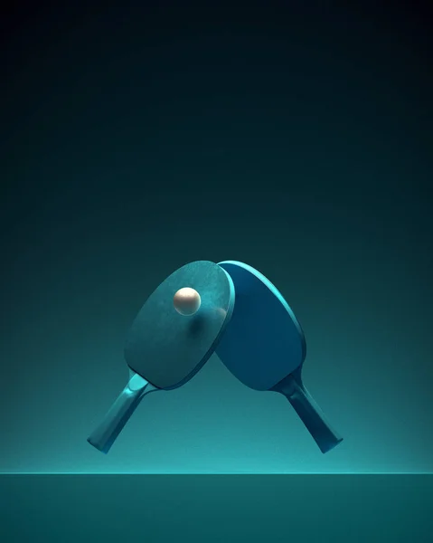 Δύο πινγκ-πονγκ ή ping pong ρακέτες και μπάλα τουρνουά αφίσα σχεδιασμός με χώρο αντίγραφο. 3D απεικόνιση — Φωτογραφία Αρχείου