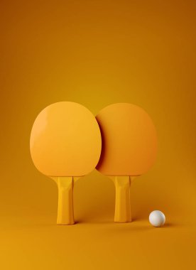 İki masa tenisi veya ping pong raket ve top turnuva poster 3d çizim renderig Tasarla