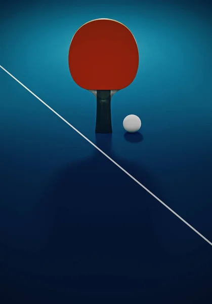 Red table tennis or ping pong racket and ball on a blue table. 3d illustration. Poster for tournament with copy space.