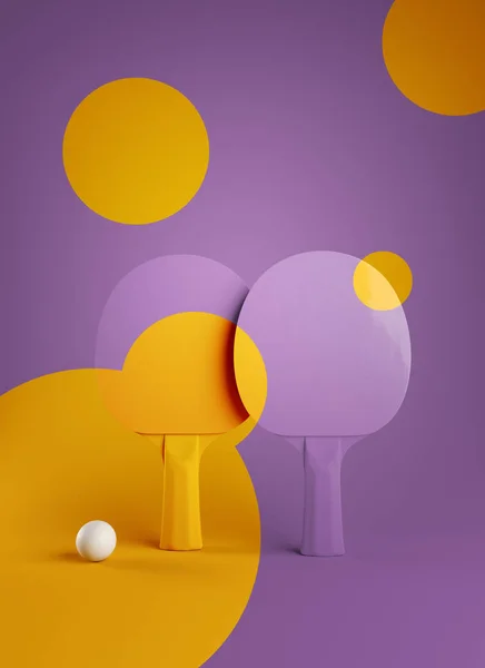 两个乒乓球或乒乓球球拍和球类锦标赛海报设计3d 插图渲染 — 图库照片