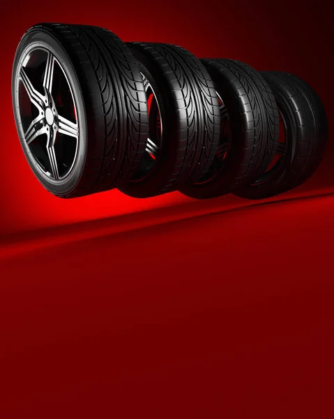 3D απεικόνιση. Τέσσερις τροχούς αυτοκινήτων σε κόκκινο φόντο. Σχεδιασμός αφίσας ή κάλυψη. — Φωτογραφία Αρχείου