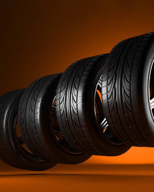 3D çizim. Dört araba tekerlek üzerinde kırmızı bir arka plan. Poster veya kapak tasarımı.