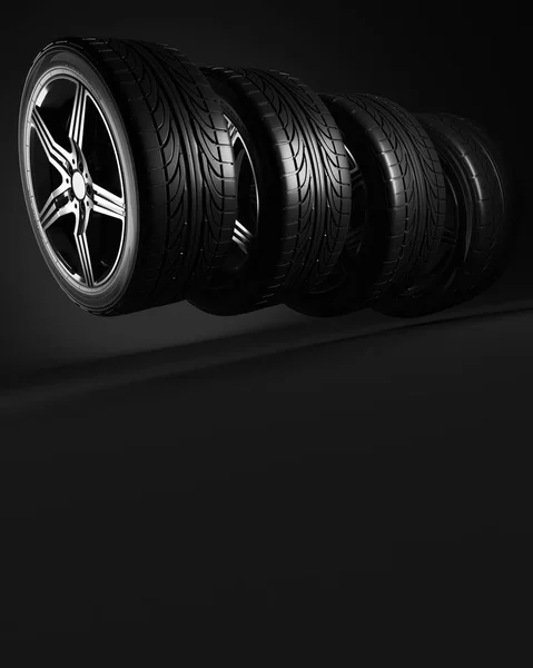3D illustration. 4 bil hjul på svart bakgrund. Affisch eller cover design. — Stockfoto