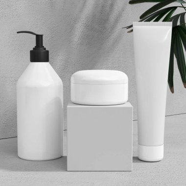 Beyaz tasarım doğal kozmetik krem, serum, yapraklı boş şişe ambalajı, biyoorganik ürün. Güzellik ve spa konsepti. 3d illüstrasyon