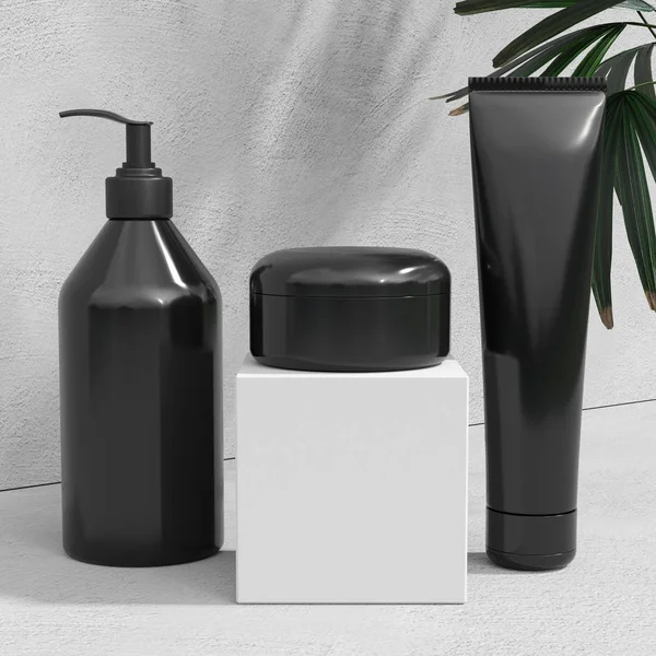 Zwart Design Natuurlijke Cosmetische Crème Serum Skincare Lege Fles Verpakking — Stockfoto