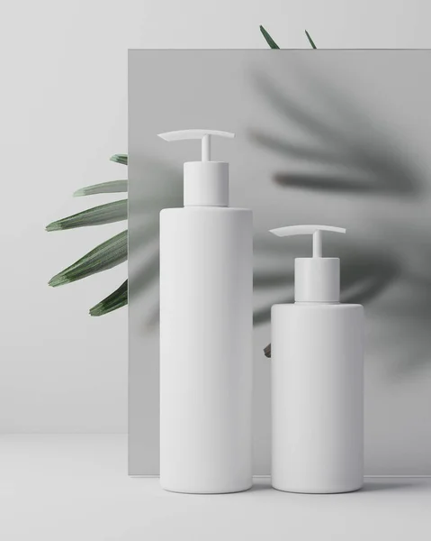 Beyaz tasarım doğal kozmetik krem, serum, Cilt Bakımı boş şişe ile yaprakları bitki, biyo organik ürün paketleme. Güzellik ve spa kavramı. 3D esnaf. Bitkisel Dermatoloji kozmetik hijyenik