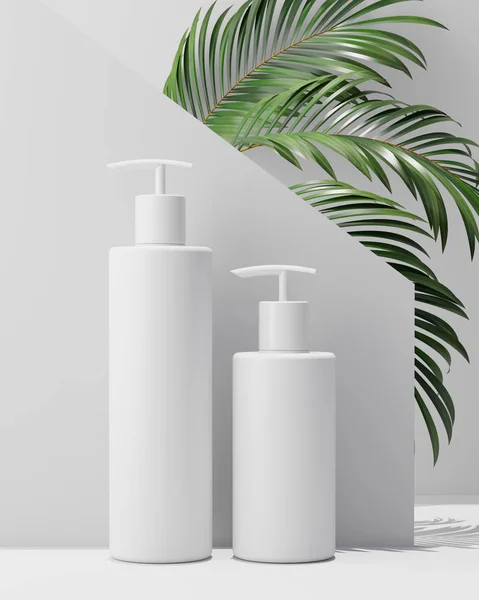 Doğal kozmetik krem beyaz tasarım, serum, yaprakları ot ile cilt bakımı boş şişe ambalaj, biyo organik ürün. güzellik ve Spa konsepti. 3D esnaf