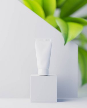 doğal kozmetik krem, serum, Cilt Bakımı boş şişe ile yaprakları bitki, ahşap ambalaj. BIO organik product.beauty ve spa kavramı. 3D çizim