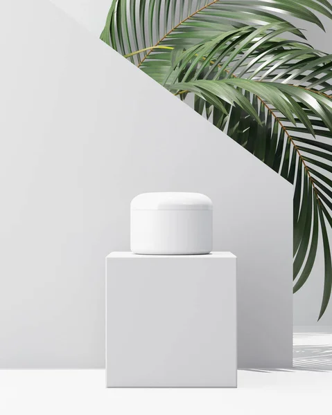 doğal kozmetik krem, serum, Cilt Bakımı boş şişe ile yaprakları bitki, ahşap ambalaj. BIO organik product.beauty ve spa kavramı. 3D çizim