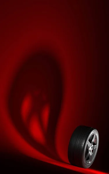 Roda do carro isolada em um fundo vermelho. Pneu. Design de capa de livreto de cartaz. Sombra fantasma. ilustração 3d — Fotografia de Stock