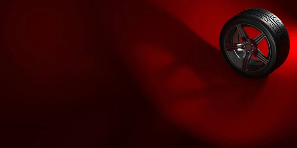 Autorad isoliert auf rotem Hintergrund mit Schatten. Reifen. Gestaltung des Covers für das Posterheft. 3D-Illustration — Stockfoto