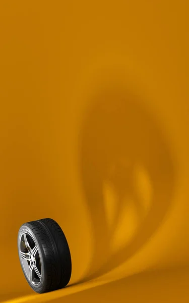 Τροχός αυτοκινήτου απομονώθηκε σε πορτοκαλί φόντο. Ελαστικών. Σχεδιασμός Εξωφύλλου φυλλαδίου πόστερ. Σκιά φαντασμάτων. εικονογράφηση 3D — Φωτογραφία Αρχείου