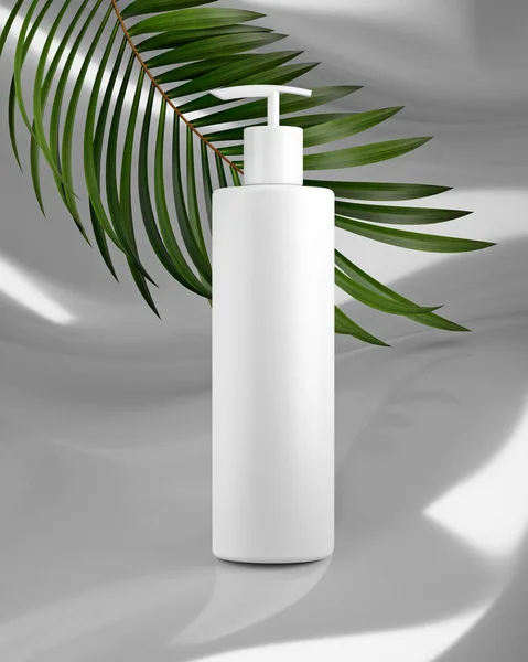 Diseño blanco de crema cosmética natural, suero, embalaje de la botella en blanco cuidado de la piel con hojas de hierba, bio producto orgánico.belleza y concepto de spa. Ilustración 3d — Foto de Stock