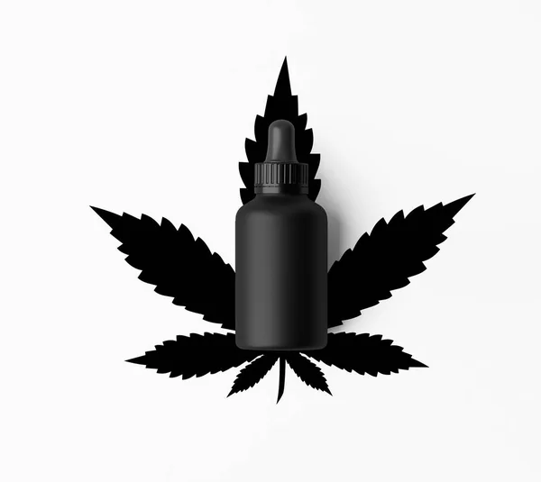 Schwarze Flasche modernes Design Hanföl mit Hanfblatt isoliert auf weißem Hintergrund. 3D-Illustration — Stockfoto