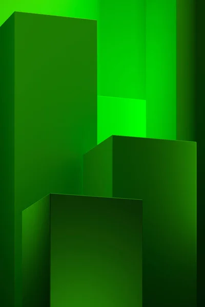 Pedestal de renderização 3D para exibição, plataforma para design, suporte de produto verde abstrato em branco com ponto de luz da lâmpada . — Fotografia de Stock