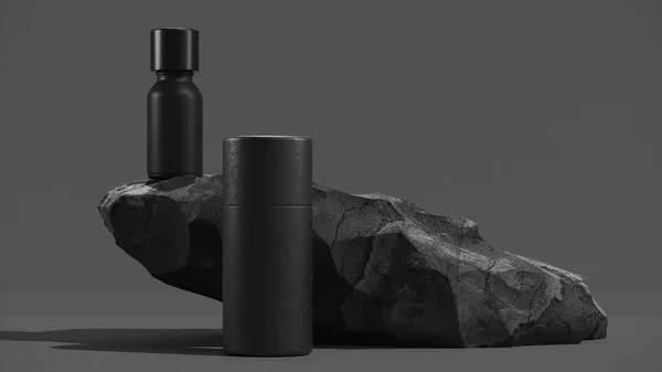 taş esansiyel masaj yağı şişesi - güzellik tedavisi. Minimal Siyah tasarım ambalajı sahte. 3d illüstrasyon.