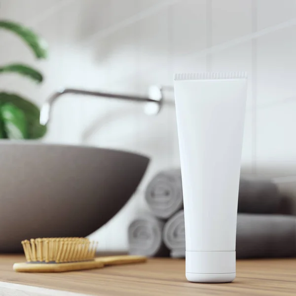 Kozmetik ürünler banyo içi arka planlarını gösteriyor. 3d illüstrasyon