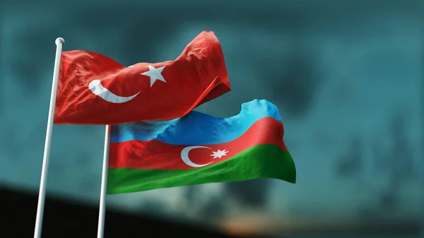 Ermenistan ve Azerbaycan 'ın iki bayrağı akşam gökyüzüne karşı rüzgarda dalgalanıyor. 3B Hazırlama