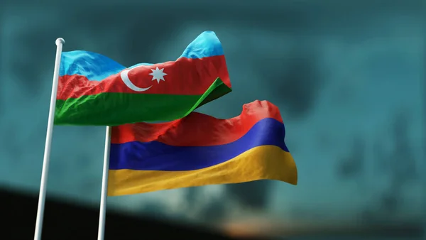 Ermenistan ve Azerbaycan 'ın iki bayrağı akşam gökyüzüne karşı rüzgarda dalgalanıyor. 3B Hazırlama
