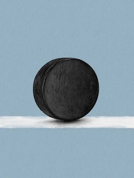 Minimalistic drawing of a hockey puck on a line on the ice. Mockup poster design. — Stock Photo, Image