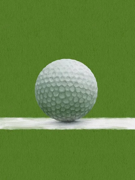 Yeşil alan arka planında çizilmiş bir golf topunun minimalist çizimi. Düz poster tasarımı. — Stok fotoğraf