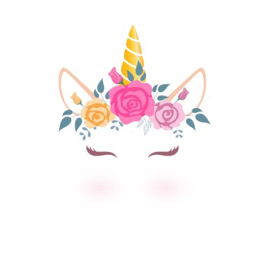 Şirin tek boynuzlu at başı çiçek tacı olan. 