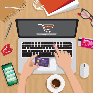 Online alışveriş, e-ödeme, perakende ve teslimat kavramı, alışveriş sepeti merkezi ile dizüstü bilgisayar