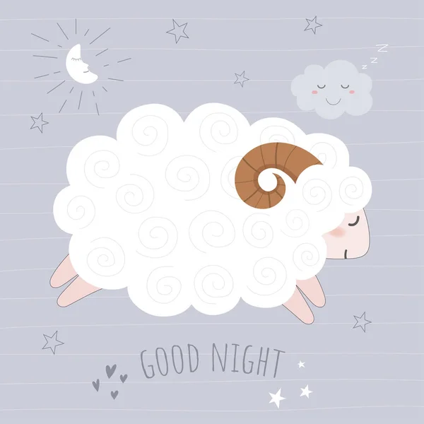 Oveja Linda Noche Con Luna — Vector de stock