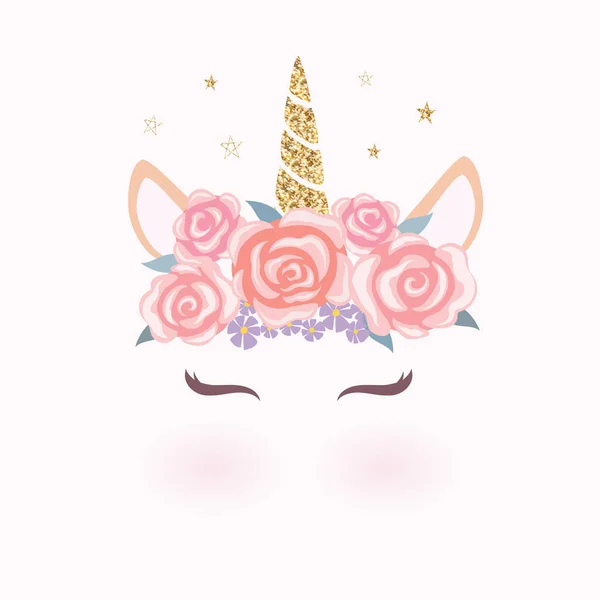 Mignonne Tête Licorne Avec Couronne Fleurs — Image vectorielle