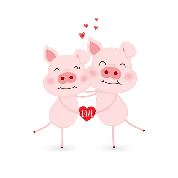 Cute Pink Pig Character Holding Heart — Stock Vector