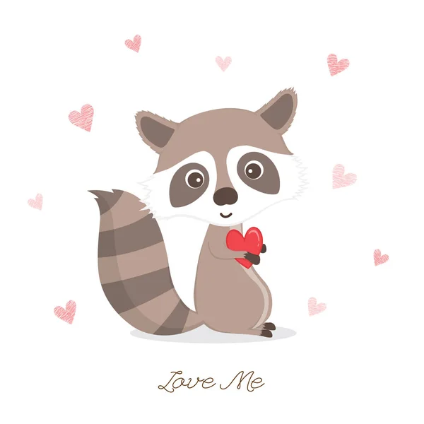 Cute Raccoon Holding Heart — Stock Vector