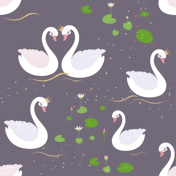 Patrón Sin Costuras Con Cisnes Blancos Lirios Agua — Vector de stock