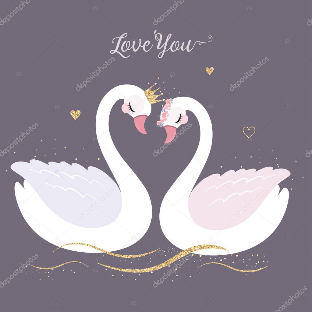 Cute Swan with gold glitter crown for wedding invitation. 