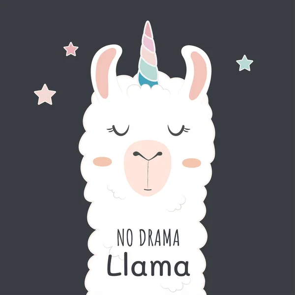 Jolie Tête Lama Avec Corne Licorne Sans Drame Lama Motivation — Image vectorielle