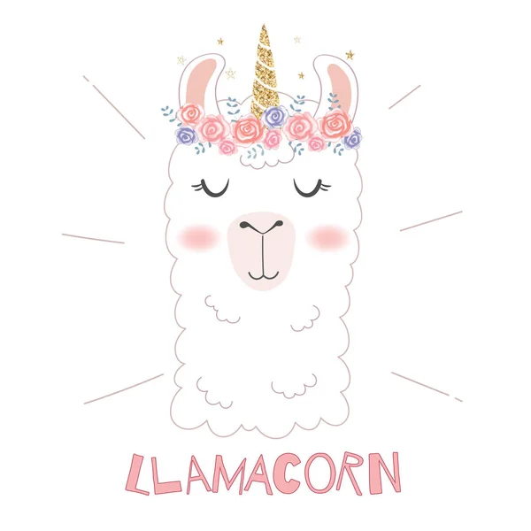 Mignonne Tête Lama Avec Corne Licorne — Image vectorielle