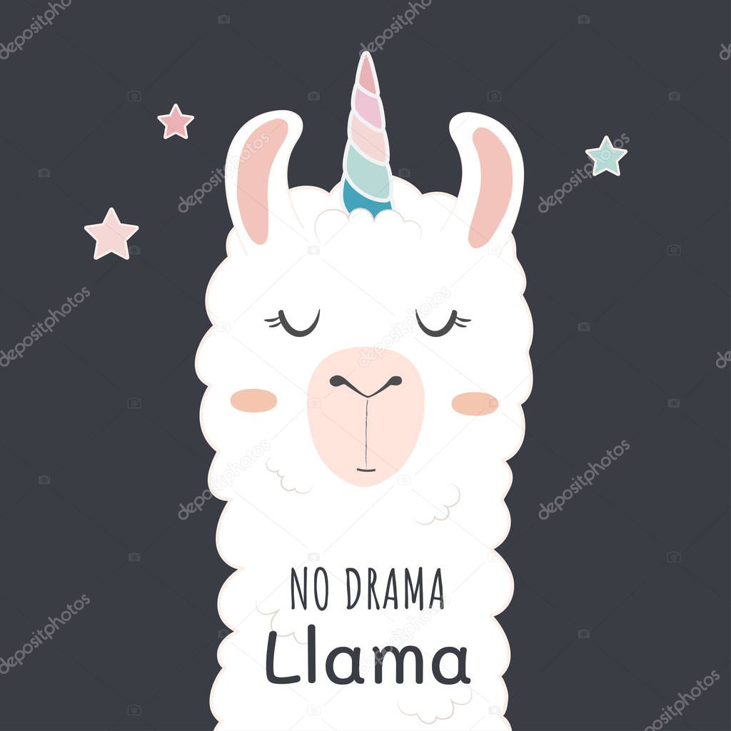Cute llama head with unicorn horn. no drama llama motivational quote.