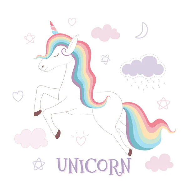 Mignon licorne et arc-en-ciel sur fond de ciel rose — Image vectorielle