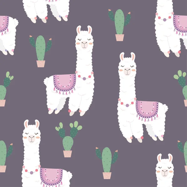 원활한 패턴 귀여운 Alpacas와 선인장. — 스톡 벡터