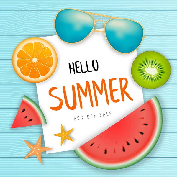 Sommerschlussverkauf Web-Banner. Draufsicht auf Sonnenbrille, Wassermelone, Kiwi — Stockvektor