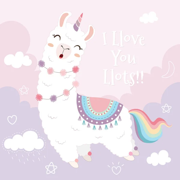 Mignon lama licorne et arc-en-ciel flottant dans le ciel . — Image vectorielle