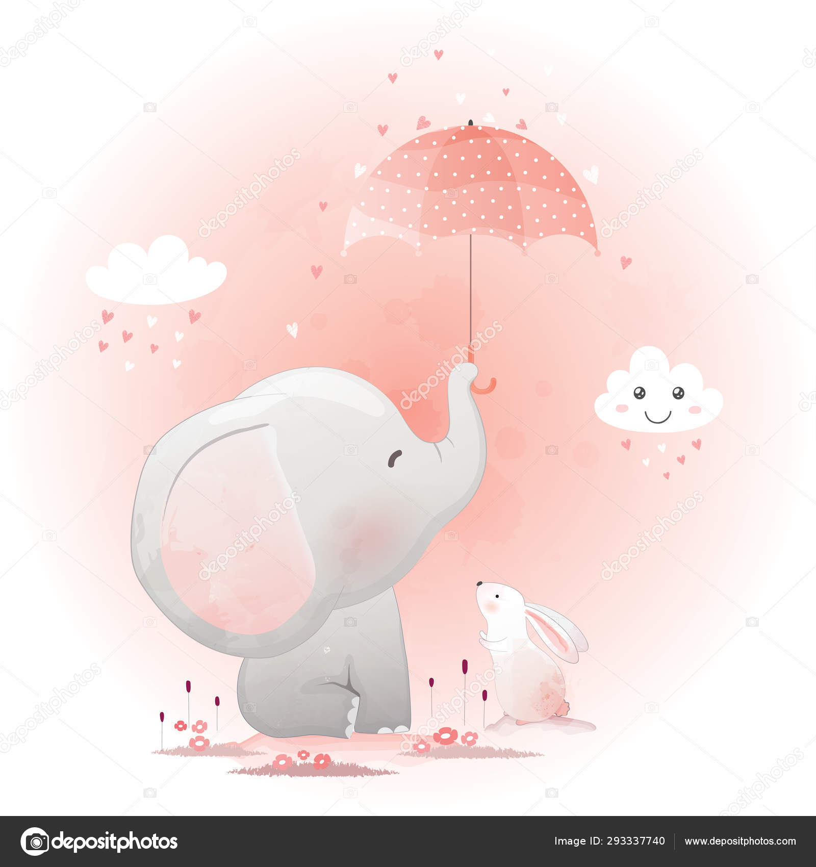 Cute elephant and bunny with umbrella cartoon hand drawn vector Stock Vector  by ©Yuthana_stock 293337740, image size:1600x1700